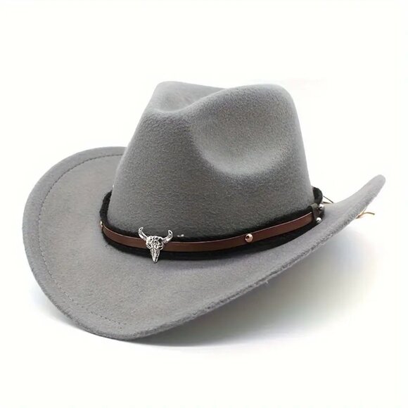 Gray Western Cowboy Hat – Cowboy Cowgirl‎ Rodeo Style with Bull Skull Accent - Picture 1 of 5
